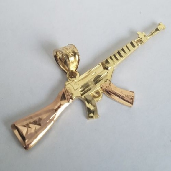 14k Yellow Gold Ak47 Rifle Gun Pendant 